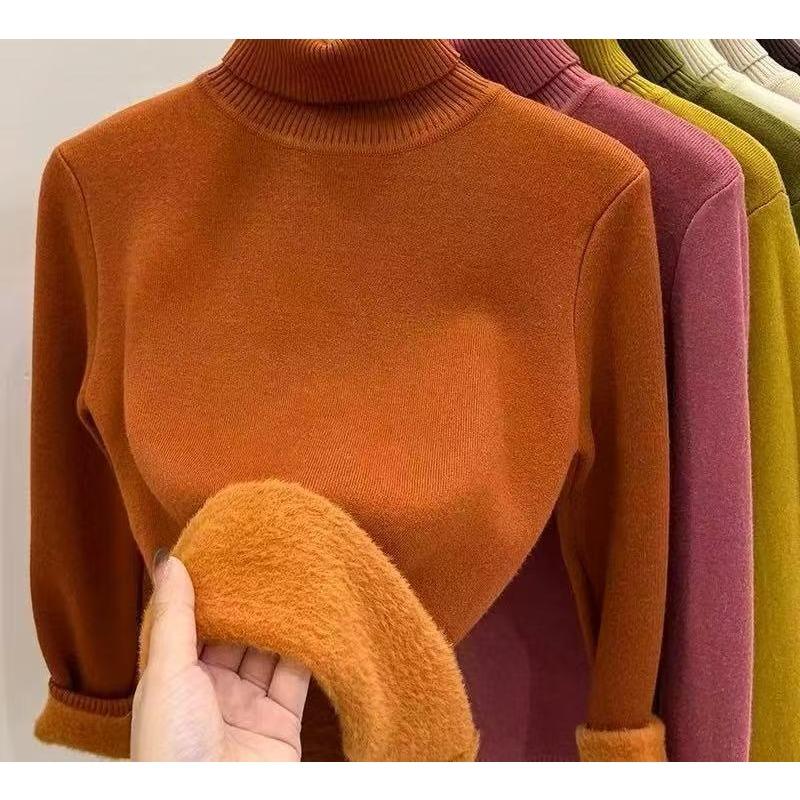 Winter High Collar Solid Color Velvet Warm Bottomed Sweater Women Simple All-match Knitting Pullover Top