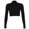 Women High Collar T-shirt Long Sleeve Pullover Solid Color Crop Top