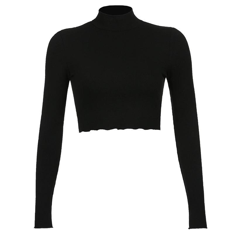 Women High Collar T-shirt Long Sleeve Pullover Solid Color Crop Top