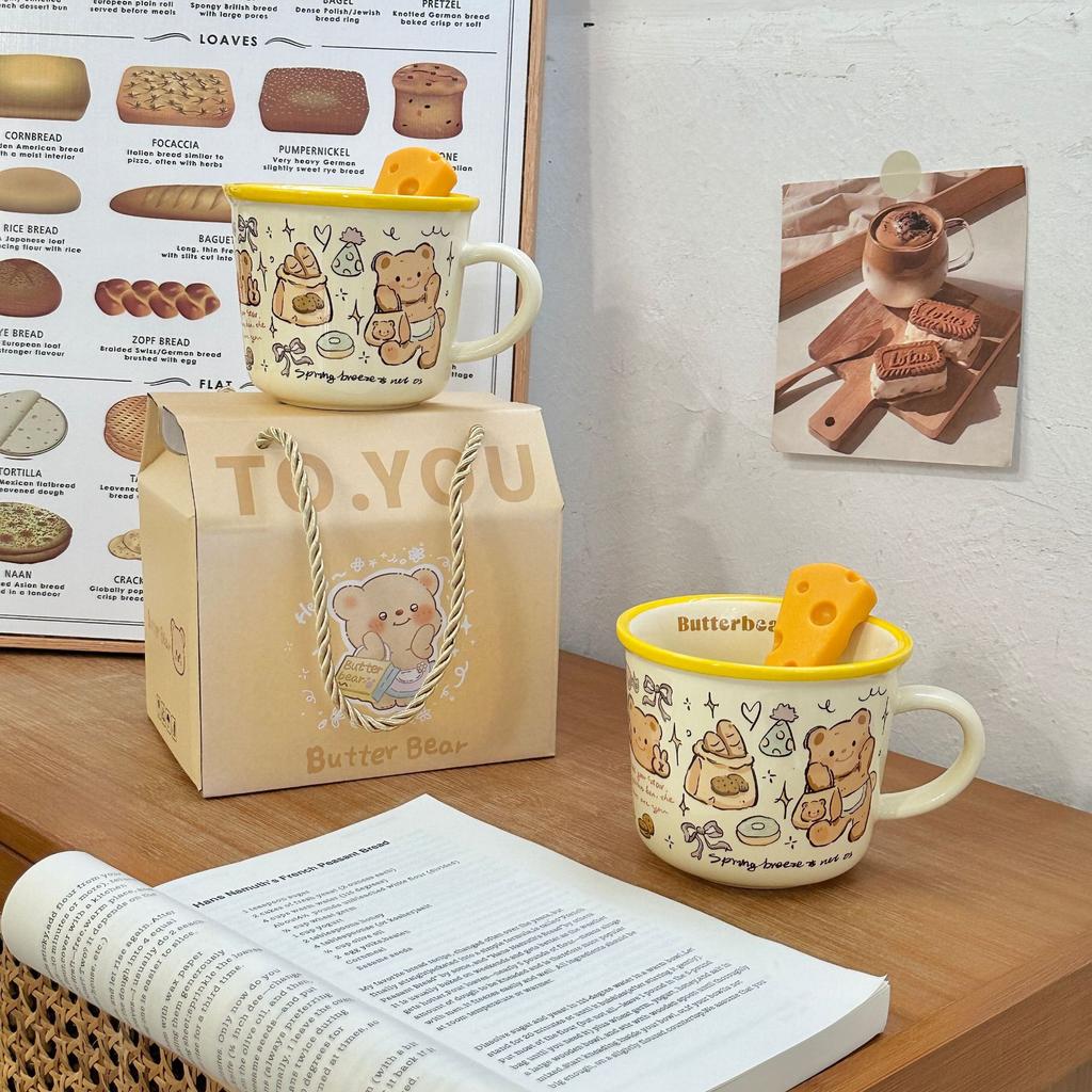 Spring Butter Bear Bread Cute Hand Painted Wind Cream Breakfast Coffee Ceramic Mug Giving People Water Cup