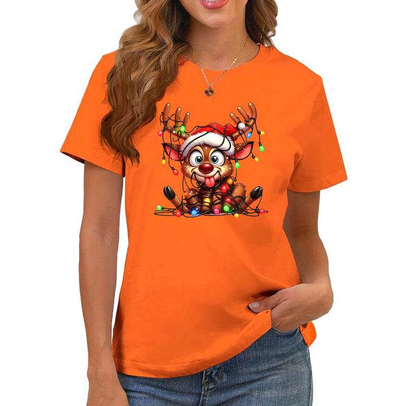 Women Cute Reindeer Christmas Lights Graphic Tshirt Funny Santa Hat Deer Printed Short Sleeve Tops Xmas Holiday Casual Tee Gift