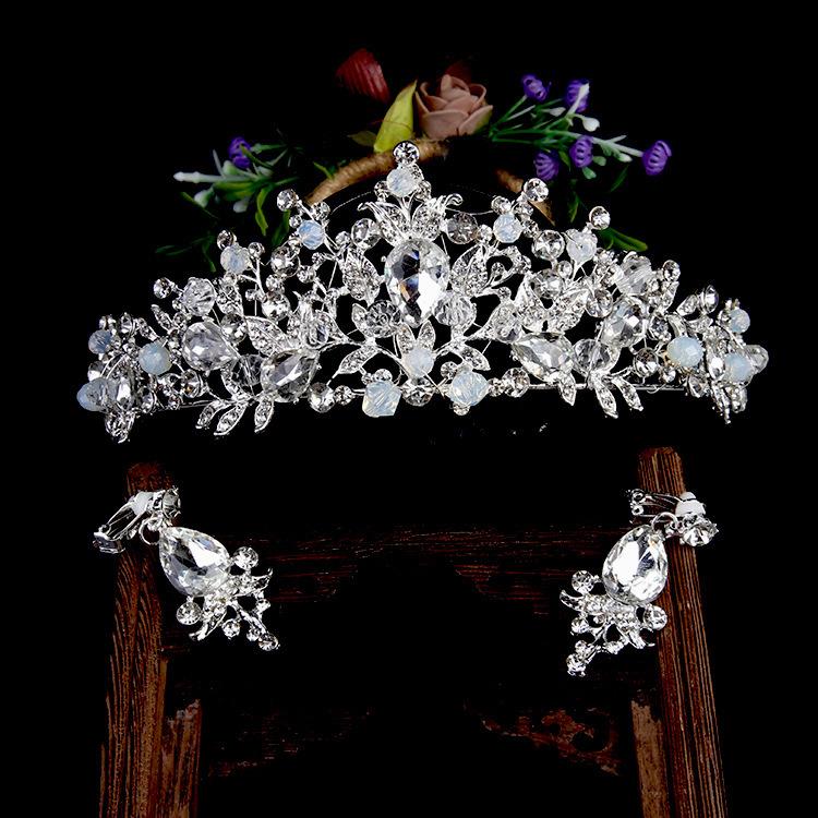 Bridal Tiara Gold Crown Wedding Dress Accessories Earrings Hair Accessories Set Pink Crystal Crown