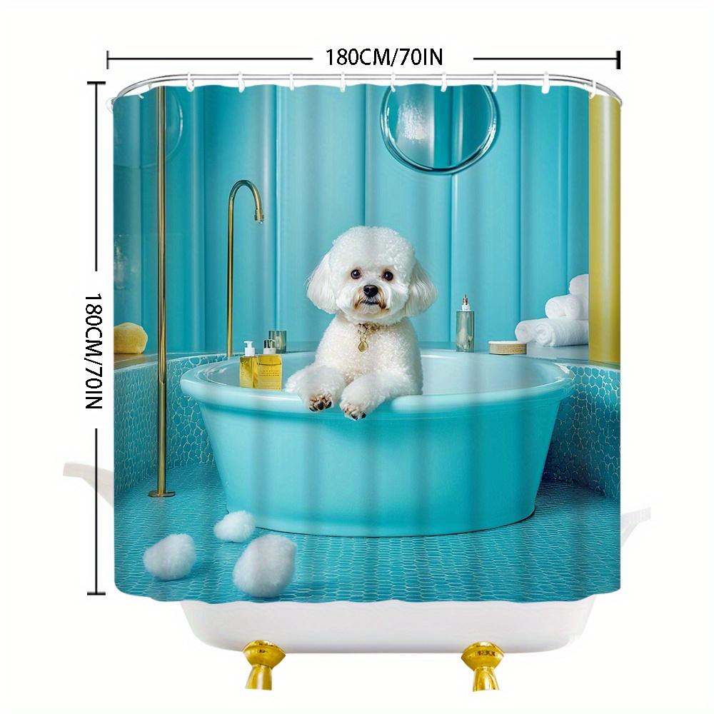Poodle Shower Curtain 180X180Cm – Fluffy Dog In Pastel Blue Bathtub, Mosaic Tile Bathroom Decor, 12 Hooks