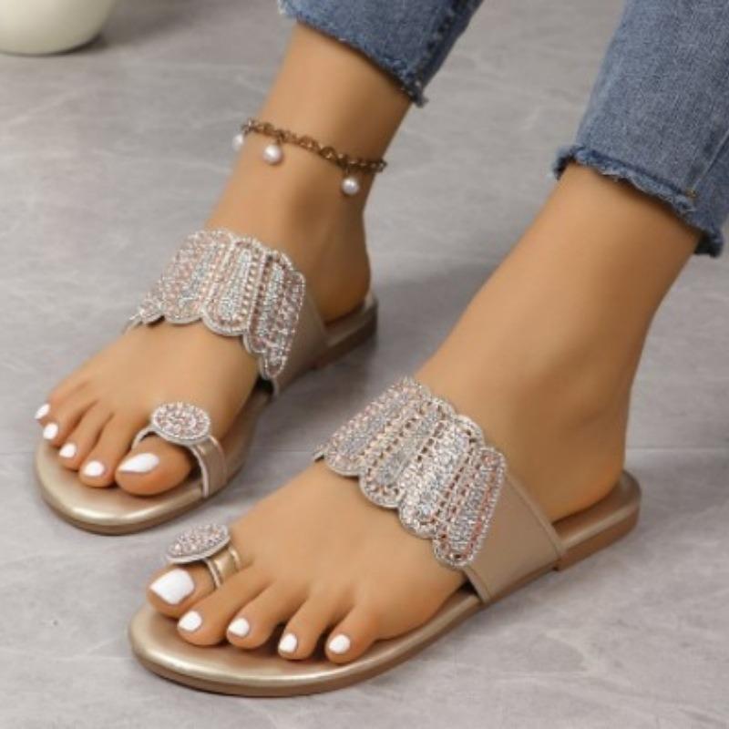 New Summer Women's Slide Slippers, Rhinestone European‑American Plus‑Size Toe‑Loop Flat Beach Shoes
