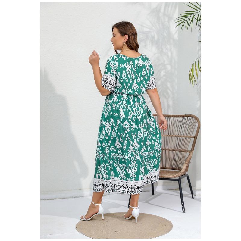 Summer Women Dress Short Sleeve High Waist V-Neck Midi Dress Plus Size Sexy Temperament Print Dress
