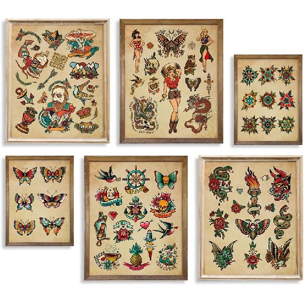 Tattoo Shop Wall Decoration - Old School Tattoo Pictures - Vintage Tattoo Poster Picture Set - Gift for Tattooist - Tattoo Flash Wall Art & Decor -