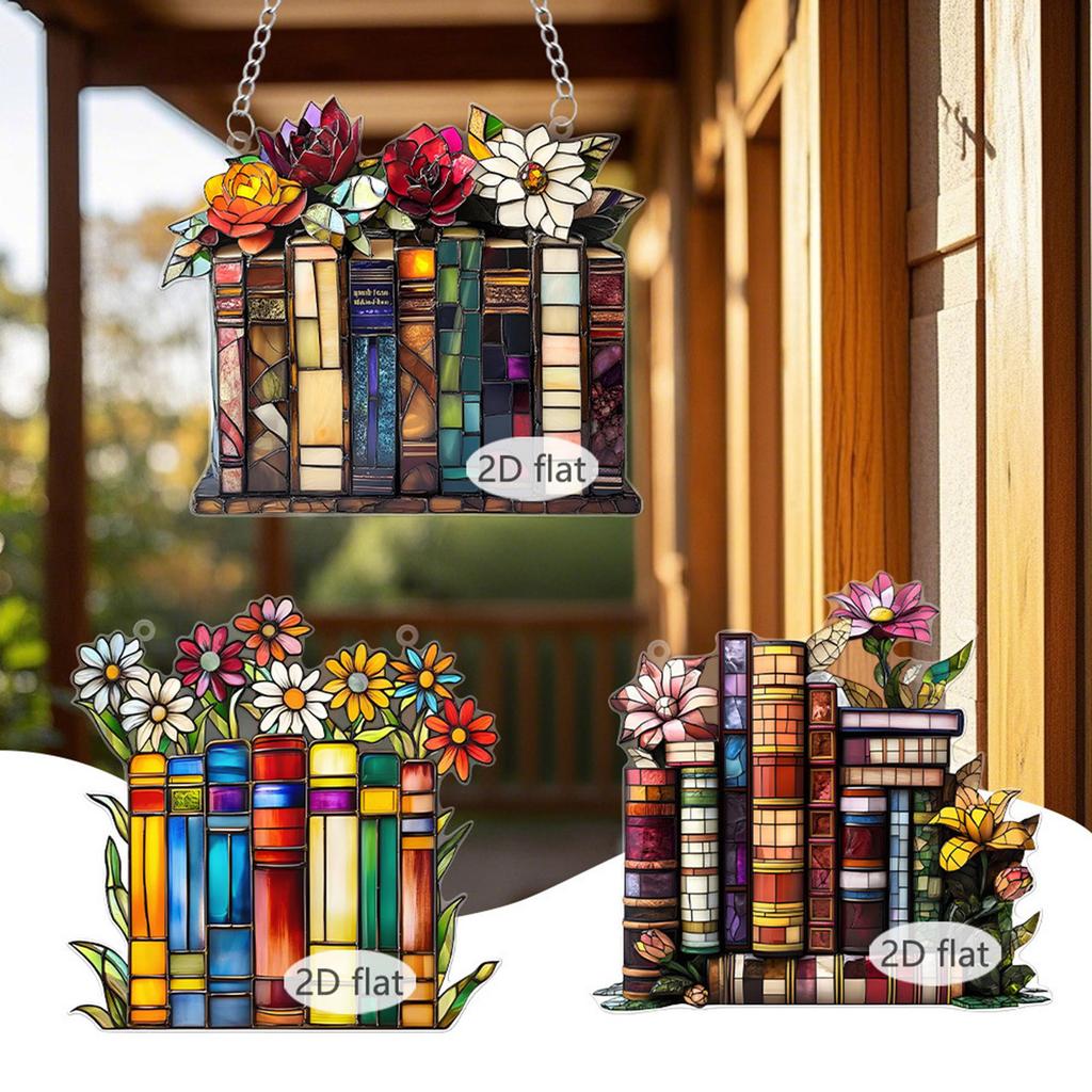 Multicolored Window Hanging Flower Books 2D Flat Plastic Wall Pendants for Door Decors Housewarmings Gift for Women Girls