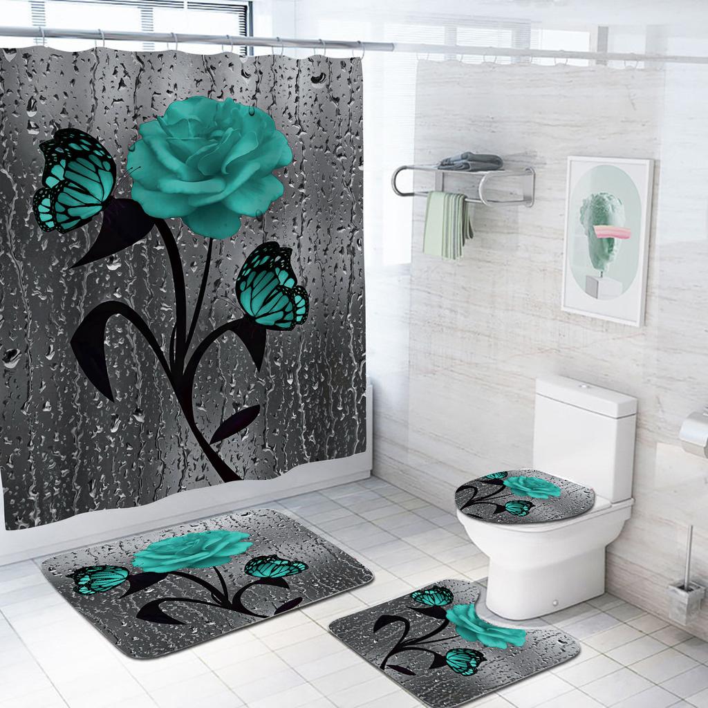 Romantic Rose Shower Curtain Polyester Waterproof Fashion Flowers Floor Mat Toilet Set Bath Accessories Mildew Proof