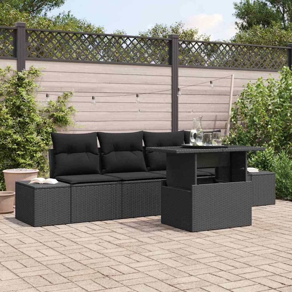 Garden Sofa Set with Cushions and Storage 5 pcs Black