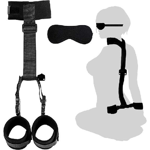 BDSM Neck to Wrist Restraints Bondage Set - Behind Back Handcuffs Collar with Blindfold Adjustable Bondage Set Bed SM Games Play Sex Toys for Couples