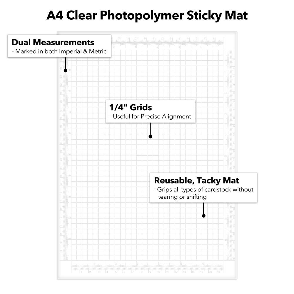 A4 Klares klebriges Photopolymer-Matte mit 1/4" Gitter & cm und Zoll Doppel-Skalen für Schablonenstempel, Zeichenvorlage | Wiederverwendbar Anti-Rutsch
