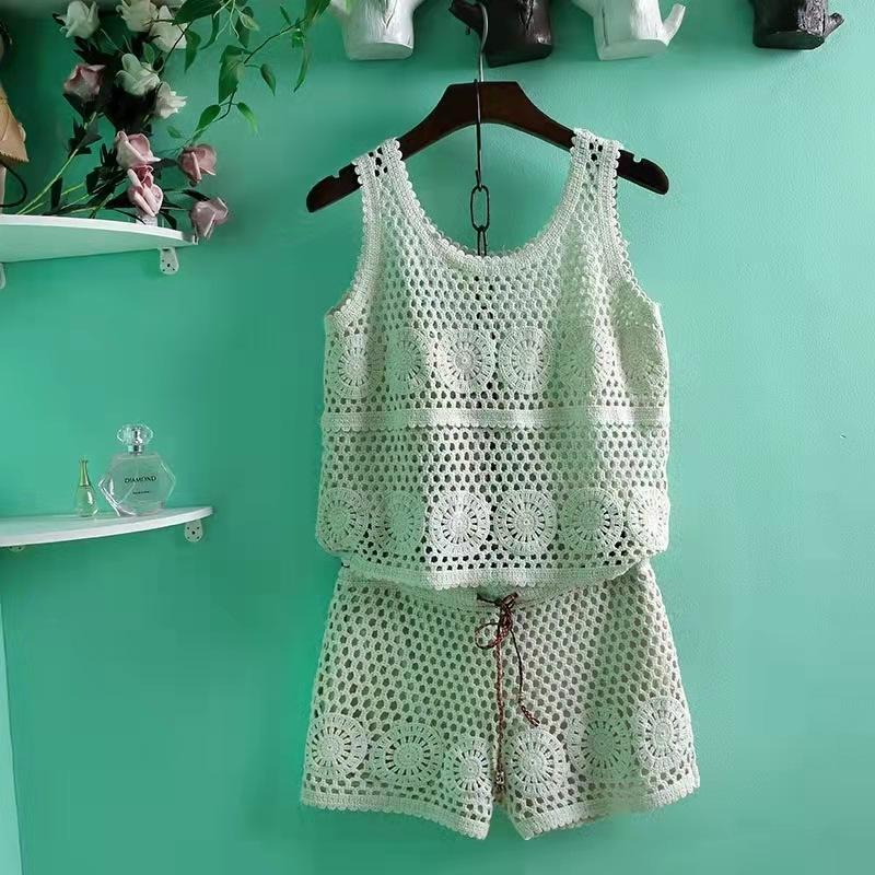 

Женская вязаная полая кружевная майка с открытым пупком, короткие модели, верхняя одежда, рубашка без рукавов, комплект с шортами One Size абрикосовый