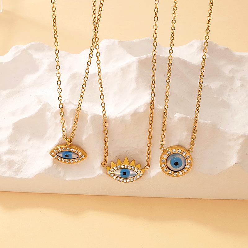 Elegant European Blue Gold-Plated Titanium Steel Eye Pendant Necklace for Women - Versatile Clavicle Chain Jewelry