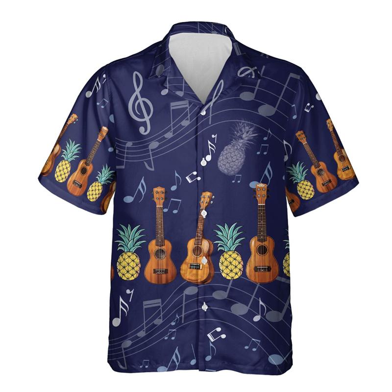 Camicie Grafiche Moda Ukulele da Uomo Abbigliamento Casual Ragazzo Ukelele Camicia da Spiaggia Strumento Uke Hawaiano Cantante Maschile Camicetta con Bavero
