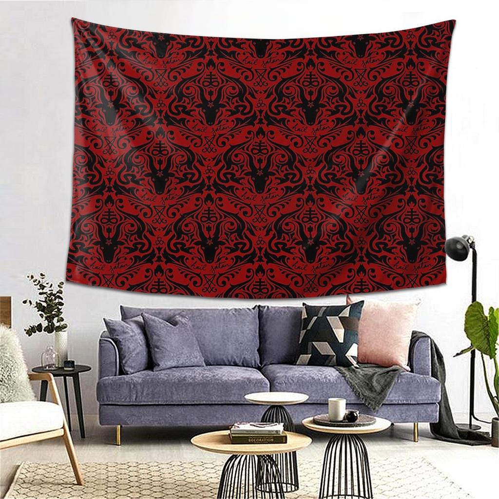 Damask  Hail Satan Black  Red Default Tapestry Decoration Art Aesthetic Tapestries Living Room Home Wall Cloth Wall Hanging