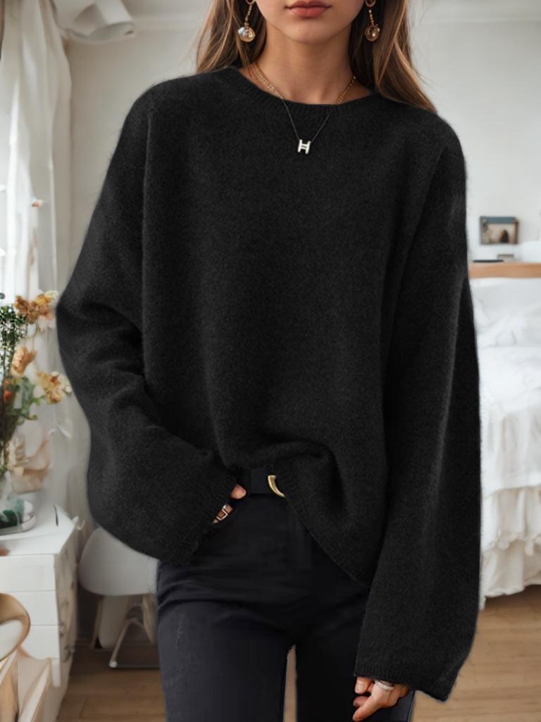 2026 Autumn/Winter Women's Loose Fit Drop Shoulder Knit Pullover Sweater - Solid Color