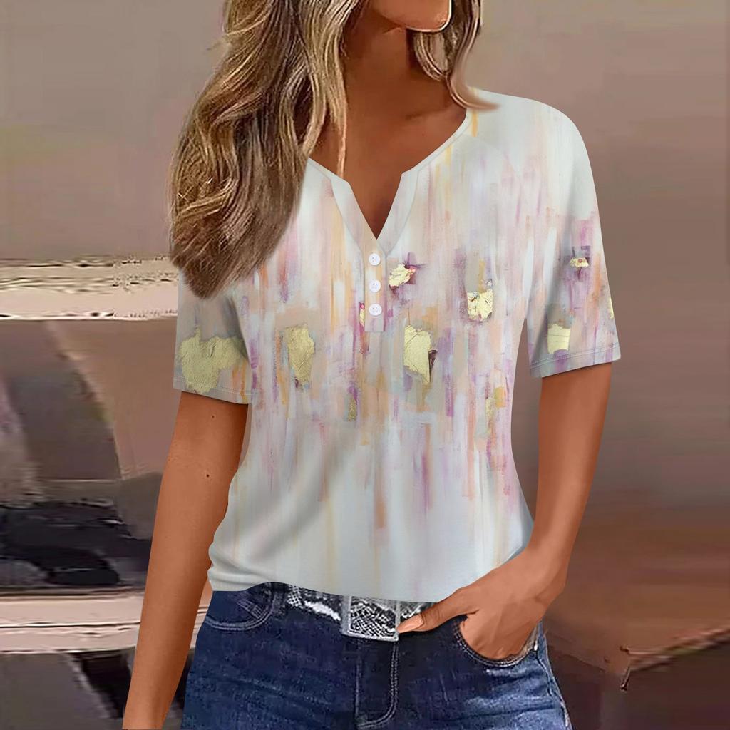 Camiseta con botones decorados de manga corta con cuello en V y estampado floral informal a la moda para mujer