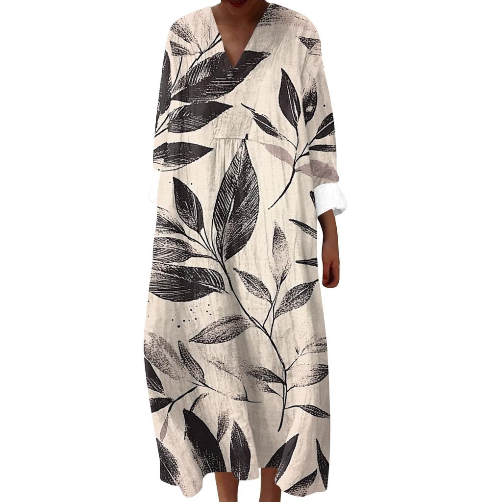 Kadın Günlük Moda V Yaka Uzun Kollu Çiçek Desenli Maksi Elbise