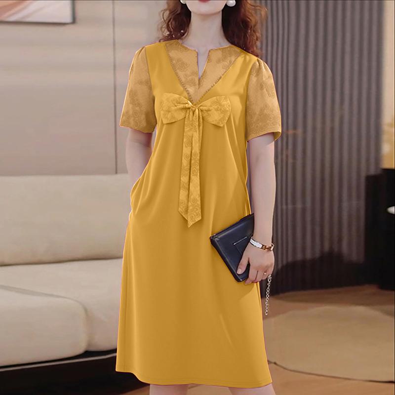 ZANZEA Elegant Womens Casual Round Neck Short Sleeve Splice Dress
