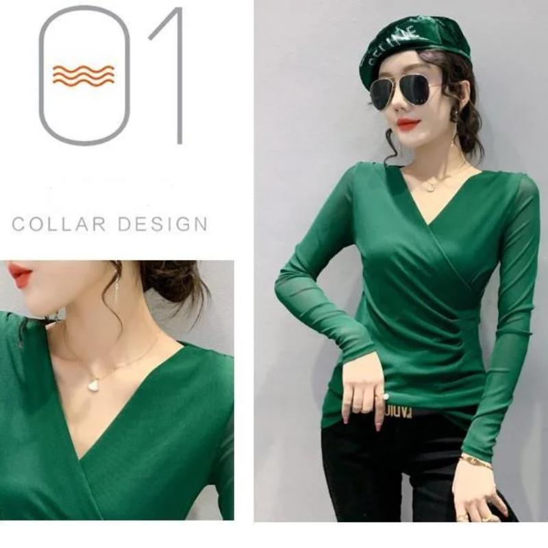 Women's New Fashion V-Neck Cross T-shirt Solid Color Long Sleeves Top Spring Autumn Mesh Bottoming Shirt S-4XL