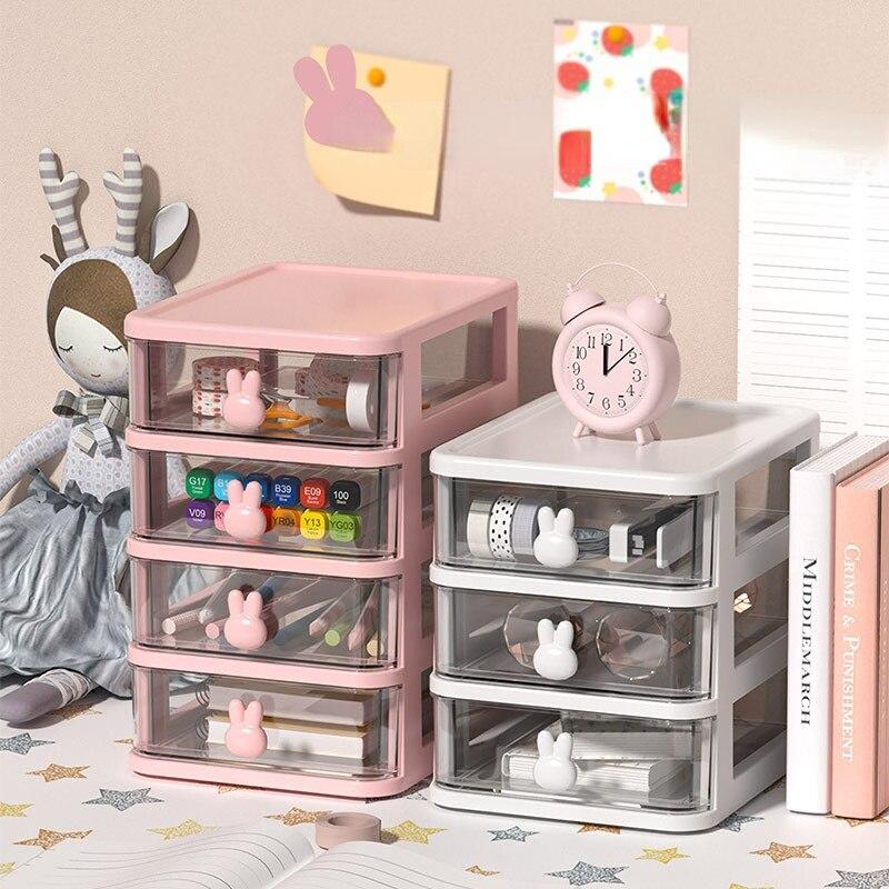 

Двухслойные настольные коробки для хранения Kawaii Rabbit, пластиковый шкаф для хранения косметики, канцелярские принадлежности, офисные принадлежности, организация