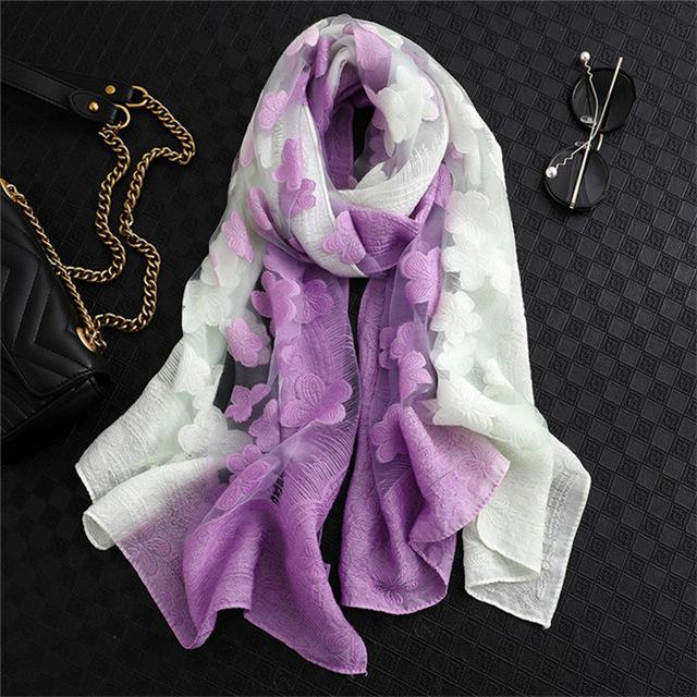 Double-Color Matching Women Scarf 70*190 Cm Female Fashion Cut Flower Hollow Petal Imitation Silk Wool Scarf Versatile Scarf