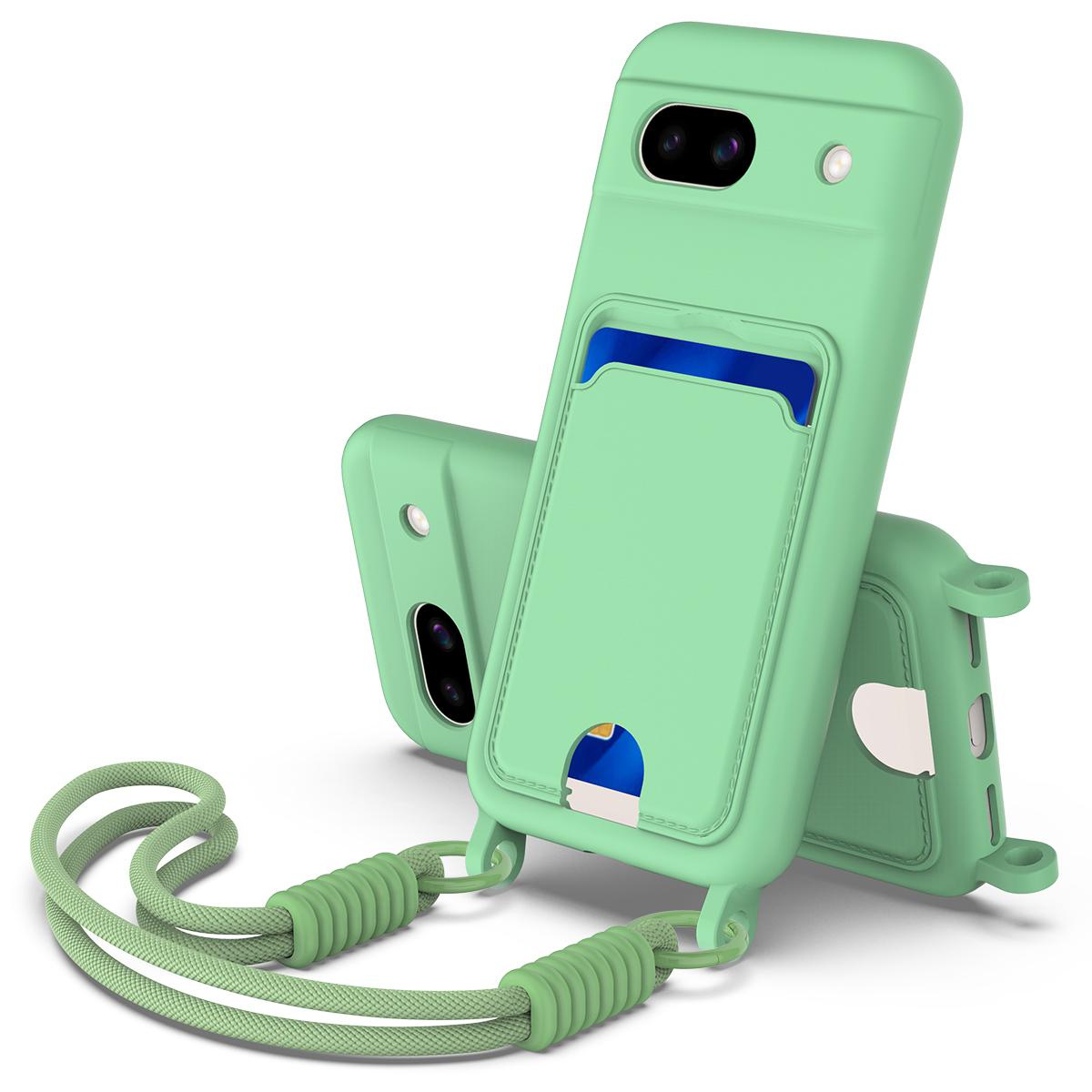 

For Google Pixel 8a Liquid Silicone Case Phone Back Cover with Card Holder and Short Strap Green