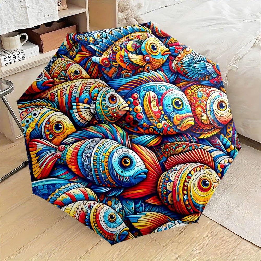 

Folding umbrella Colorful fish with intricate patterns swimming in a vibrant underwater background Creative portable folding u (as the picture,Iron&8K)
