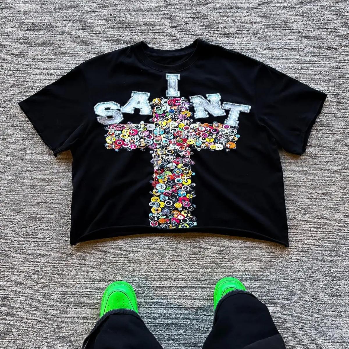 

ZYLLO Новая уличная одежда Мужская Женская Харадзюку Винтажная Футболка Оверсайз с Графическим Принтом Креста Готическая Повседневная Хлопковая с Заниженной Линией Плеча с Коротким Рукавом Топы S