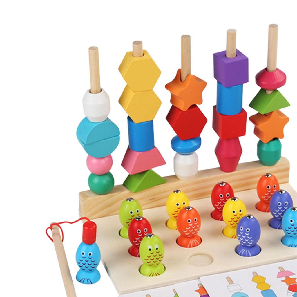 Wooden Beads Sequencing Toy Set Lacing for 2 3 4 5 Year Old Boys Girls fishing and carrots
