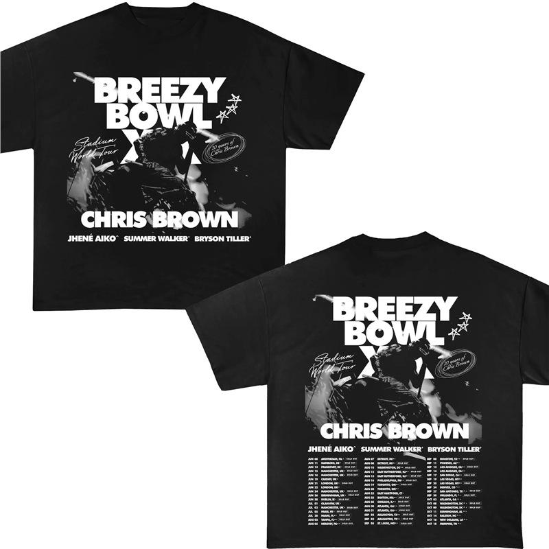 Hip Pop Chris Brown Breezy Bowl XX Concert Tour Cotton TShirt Vintage Short Sleeve Round Neck Print Casual Style for Women Men