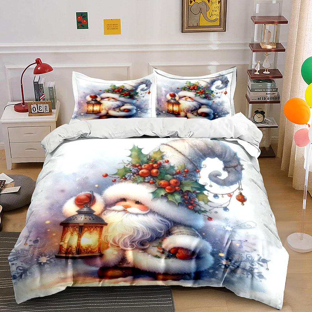 Christmas Santa with Lantern Bedding Duvet Cover Set (1*Duvet Cover 2*Pillowcases, Without Duvet Insert)