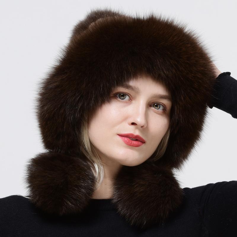 Real Mink Fur Hats Knitted Ear Cap Genuine Warm Snow Fluffy Female Fox Fur Hat Outdoor Luxury Woman Hat