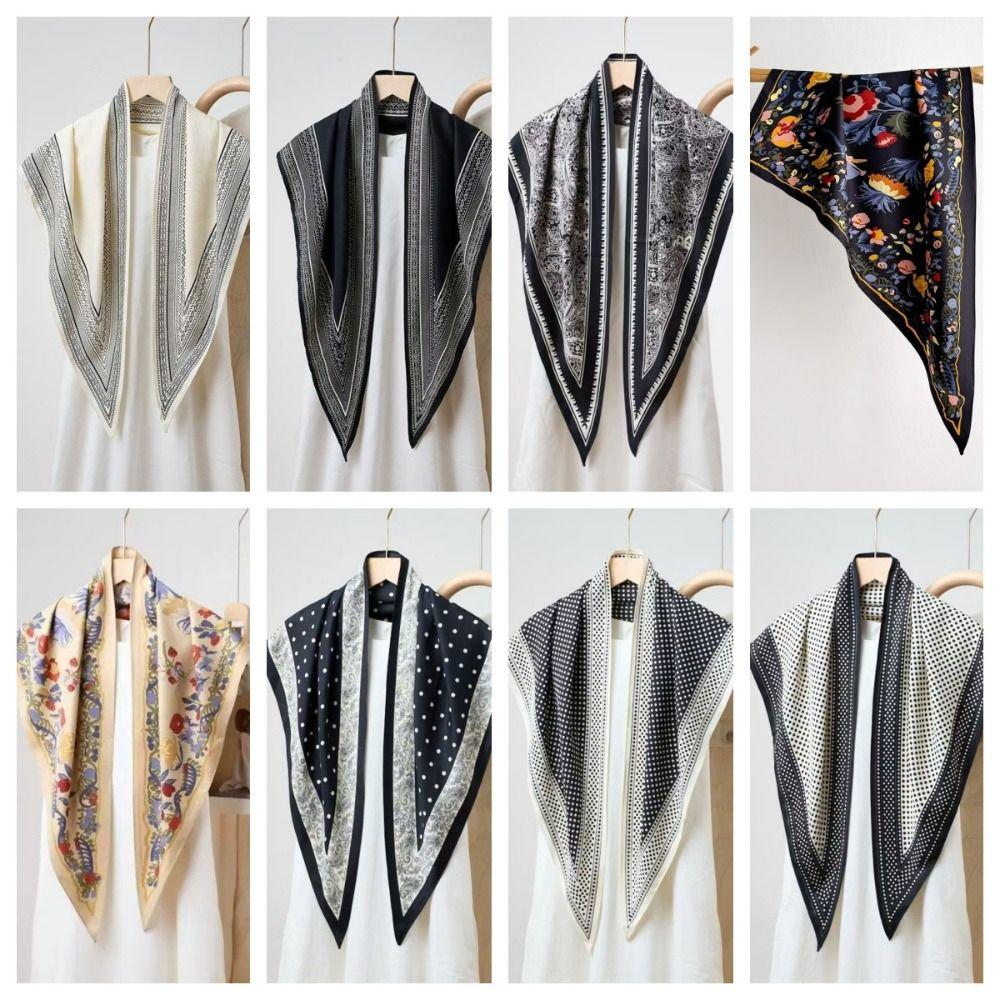 Fashion Imitation Silk Floral Triangle Scarf Polka Dot Polyester Women's Necktie Decorative Floral Print Belt Scarf Women