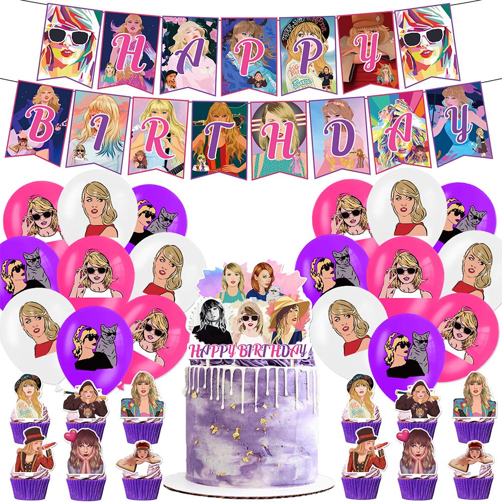 Taylor Swift Singer's Party Decorations Include a Banner, Balloon, Cake Topper