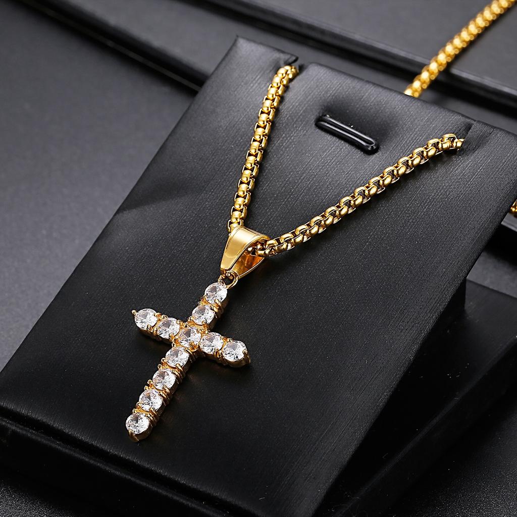 Golden Zircon Cross Pendant Jesus God Bless Stainless Steel Rock Men's Necklace Jewelry