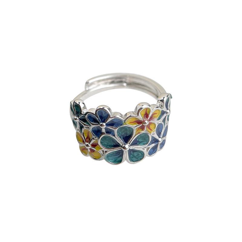 Retro Blue Enamel Drip Glaze Floral Adjustable Ring for Women