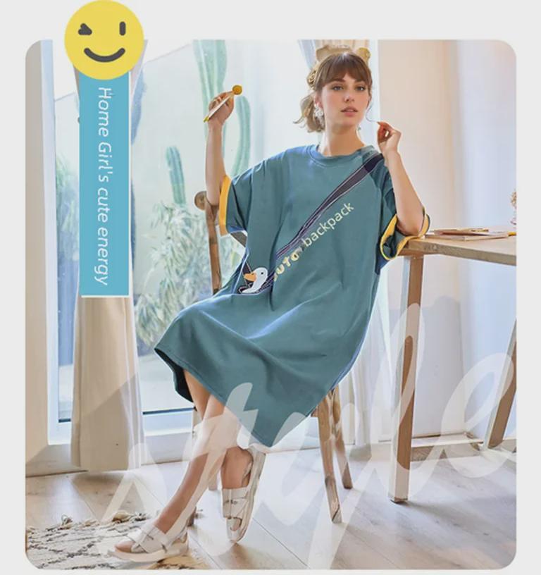 Süßes Sommernachthemd aus Baumwolle mit Cartoon-Motiv für Damen – Kurzarm, lockere Passform, koreanischer Stil, mittellanger Rock