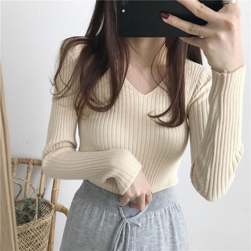Koreanisch Vielseitig Slim Fit Instagram Herbst Winter Langarm V-Ausschnitt Pullover Basisschicht Stricktop Rippstrickpullover Damen Frühling Herbst