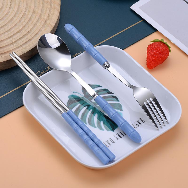 Portable Stainless Steel Cutlery Set: Bamboo Handle Spoon, Fork & Chopsticks for Office & Travel