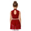 Children’s Sparkle Rhinestone Sleeveless Mock Neck Top Keyhole Back and Ruched Irregular Skirt for Dance Show Practice