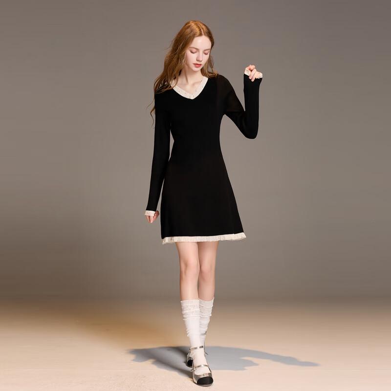Sancai Winter Lace V-Neck A-Line Knit Dress