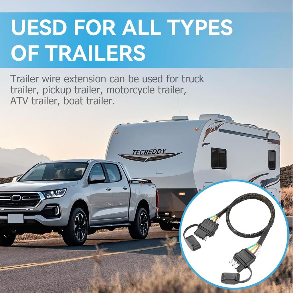 4 Pin Trailer Wire Extension, 24 Inch, 4 Way Flat Trailer Light Plug Connector With Dust Cover, 18AWG Pure Copper Wiring Harness Extender With Loom