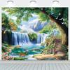 2D-Natur-Wandteppich mit Wasserfall, Hirschen und Seelandschaft als Hintergrundstoff für das Wohnzimmer