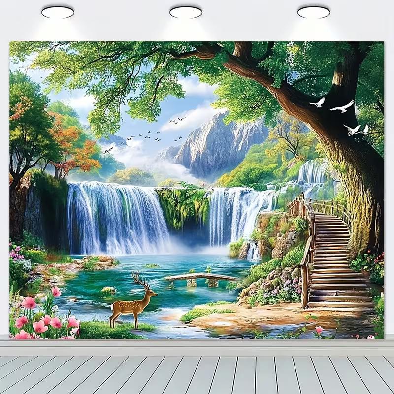2D-Natur-Wandteppich mit Wasserfall, Hirschen und Seelandschaft als Hintergrundstoff für das Wohnzimmer