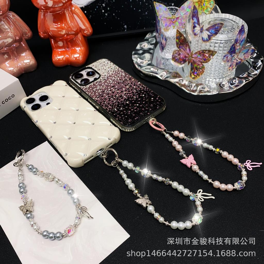 Ins Style Alloy Butterfly Phone Chain Rope Handmade Beaded Hanging Chain Pearl Keychain Bag Hanging Rope Pendant Rope Accessories