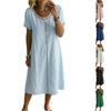 Fashionable Women's Round Neck Short Sleeved Lace Patchwork Cotton And Linen Dress