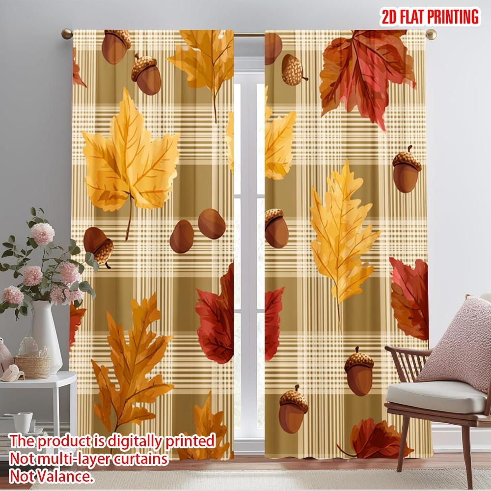 

Elegant Set Of 2 Plane Printing Curtain Popular Autumn Leaves Plaid Pattern Polyester Without Rod Art Deco Festive Perfect W100*H70(CM)-Grommet top&1PCS