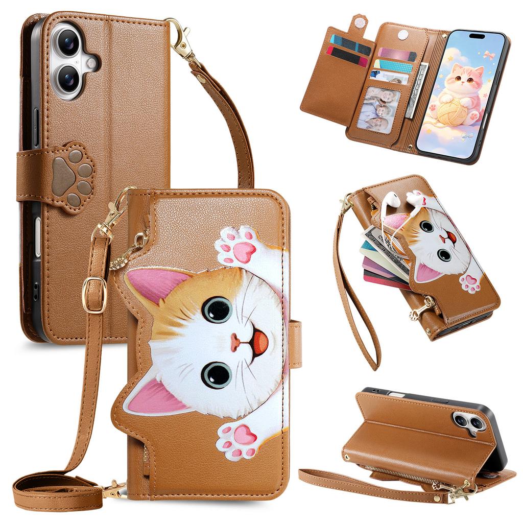 Cute Cat Crossbody long Lanyard Flip Wallet Leather Case for iPhone 17 Pro max 16 15 14 13 12 11 Shockproof Book Stand Cover