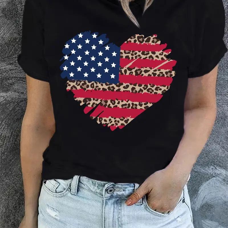 

Independence Day Heart Flag Print T shirt Short Sleeve Shirt Round Neck Short Slee Top Tee Shirt Streetwear S